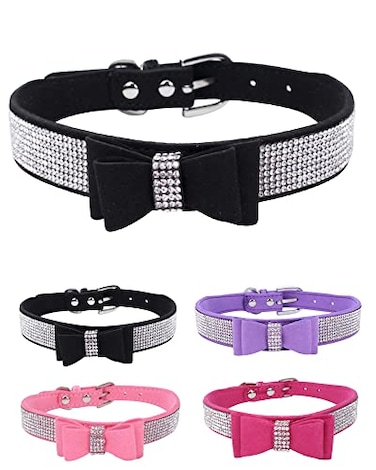 Aecllcea Rhinestone Dog Collar for Small Medium Large Dogs Adjustable Leather Suede Bling Dog CollarsDiamond Bow Tie Puppy Collars for Boy and Girl