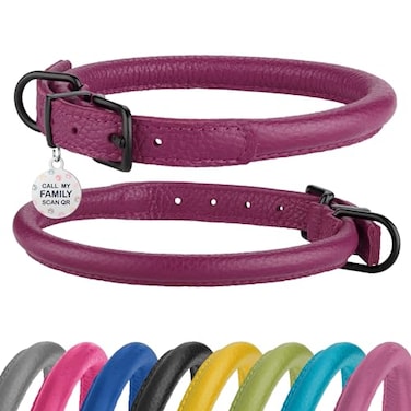 BRONZEDOG Rolled Leather Dog Collar Soft Round Design Prevents Tangling Matting with ID Tag for Small Medium Large Dogs 1114 inch Pink Berry