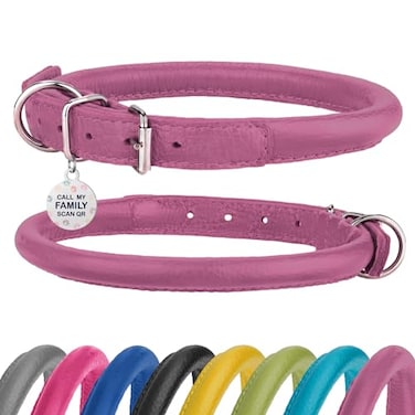 BRONZEDOG Rolled Leather Dog Collar Soft Round Design Prevents Tangling Matting with ID Tag for Small Medium Large Dogs 710 inch Rose