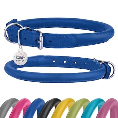 BRONZEDOG Rolled Leather Dog Collar Soft Round Design Prevents Tangling Matting with ID Tag for Small Medium Large Dogs 710 inch Royal Blue