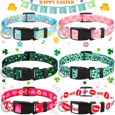 Sadnyy 6 Pcs Holiday Easter Day Dog Collars with Safety Plastic Buckle Adjustable Cute Pet Collar for Female and Male Large Small Medium Dogs for Valentine St Patricks DayM Size