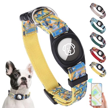 SCENEREAL Airtag Dog Collar for Small Medium Dogs Dog Collar with Durable Airtag Holder Compatible Apple Air Tag AntiLost Adjustable Soft Comfortable Unique Style Yellow M