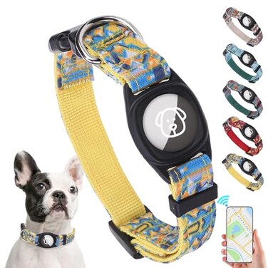 SCENEREAL Airtag Dog Collar for Small Medium Dogs Dog Collar with Durable Airtag Holder Compatible Apple Air Tag AntiLost Adjustable Soft Comfortable Unique Style Yellow XS
