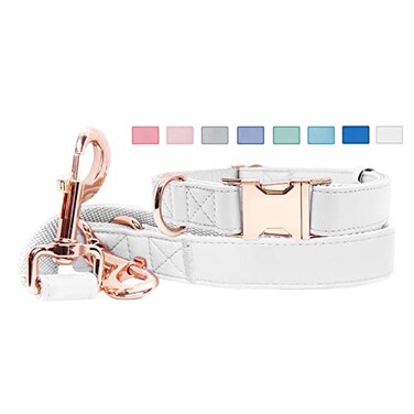 Runwing Soft Leather Dog Collar and Leash 66 Set Stylish Rose Gold Heavy Duty Metal Buckle 4 Adjustable Lengths Leash for Small Medium Large Dogs Comfortable Easy to Clean White XS812