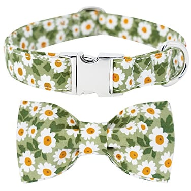 Tunkoo Dog Collar Floral with Elegant Bow Tie Soft Comfy Cotton Adjustable Collar Premium Metal Buckle for Puppy and Cat Small Medium LargeGreen FlowersS
