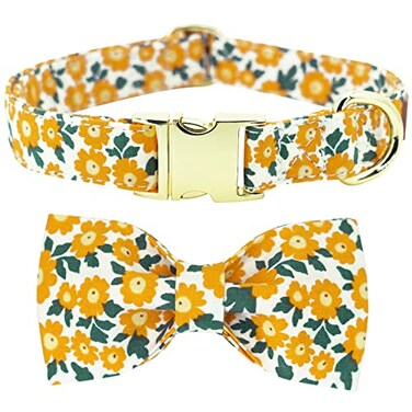 Tunkoo Dog Collar Floral with Elegant Bow Tie Soft Comfy Cotton Adjustable Collar Premium Metal Buckle for Puppy and Cat Small Medium LargeYellow FlowersM