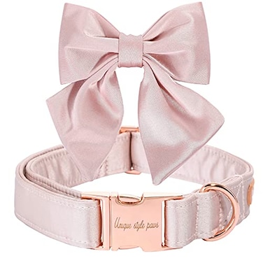 Unique style paws Silk Pink Color Dog Collar Adjustable Durable Dog Collar with Bow Wedding Bowtie Collar for Medium Dogs