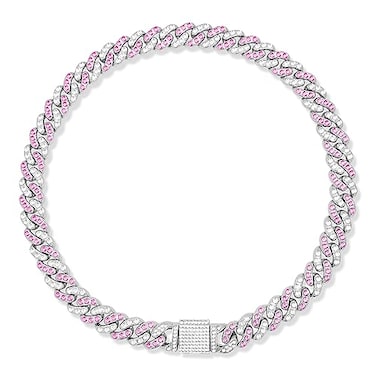 WimuPath SilverPlated Pink Diamond Dog Collar Cuban Style Metal Chain with Secure Buckle Luxury Durable Collar for SmallMediumLarge Dogs Puppies