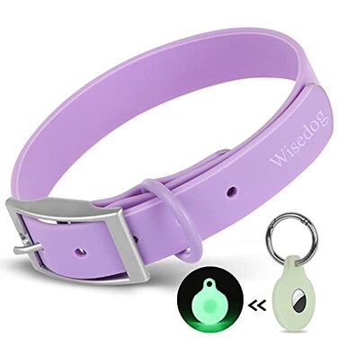Wisedog Waterproof Dog Collar with Airtag Holder Adjustable Soft Rubber Coated Webbing OdorProof and Easy to Clean for Small Medium Large DogsS85125 45 in Lilac