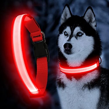 YFbrite Ultra Light Adjustable LED Dog Collar Light up Dog Collars Rechargeable Glowing in The Dark Collars Visiblity Safety for Small Medium Large Dogs Red Large