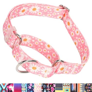 YOUALSO Martingale Collar for Dogs NoSlip Escape Proof Choke No Pull Cinch Soft Nylon Dog Training Collars Adjustable for Small Medium Large Breed Pet Dogs Pink Daisy M
