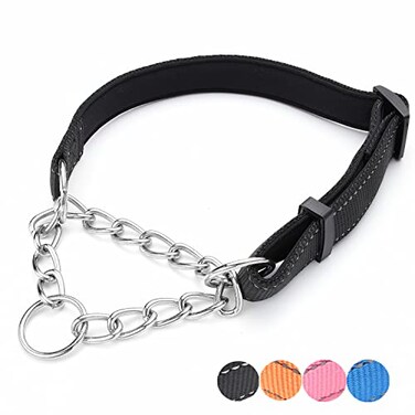 PUROAYET Martingale Dog Collars Adjustable Soft Nylon Reflective Collars with Stainless Steel Chain Walking Training Collars HeavyDuty Puppy Chain Collars for SmallMediumLarge DogsBlackS