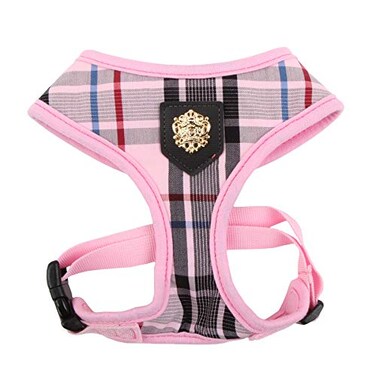 Puppia Junior OverTheHead Dog Harness Checkered Pattern No Choke No Pull Adjustable Chest Belt Walking Training for Small and Medium Dog Small Pink