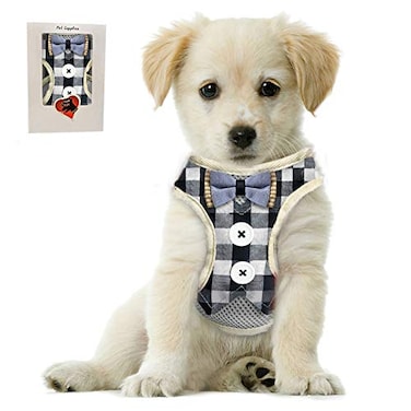 Bark Lover Small Puppy Harness with Bowtie Adjustable Dog Vest Mesh Tuxedo Harness for Small Dog Kitten Perfect for Party Wedding Holiday M Blue Plaid