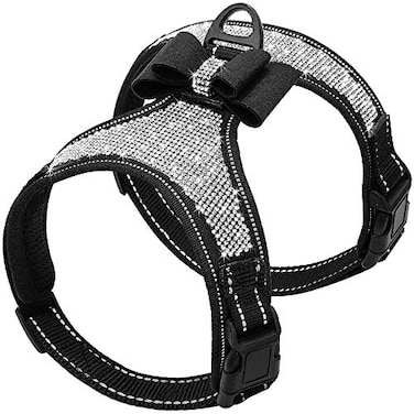 Beirui Rhinestone Dog Harness Reflective Bling Nylon Dog Vest with Sparkly Bow Tie for Small Medium Large Dogs WalkingParty and WeddingBlackSChest 1114