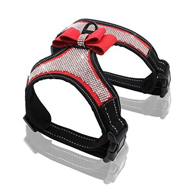 FUNAT Reflective Dog Harness with Rhinestone Cute Bling Ties Dog Harness Dog Leash Reflective Chest Strap with Shiny Bow L Red