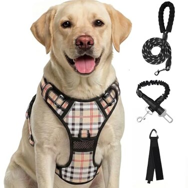 FURRYFECTION Plaid Dog Harness for Medium Dogs Reflective No Pull Adjustable Pet Vest with Front Clip Leash Easy Control Handle and Seat Belt BeigeWhite M
