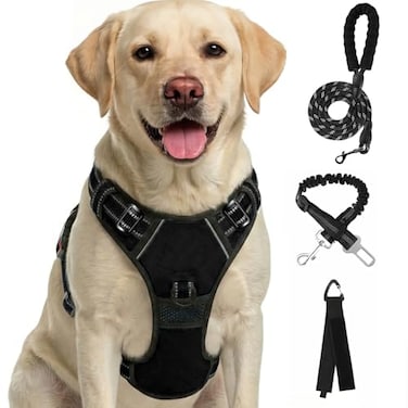 FURRYFECTION Plaid Dog Harness for Small Dogs Reflective No Pull Adjustable Pet Vest with Front Clip Leash Easy Control Handle and Seat Belt Black S