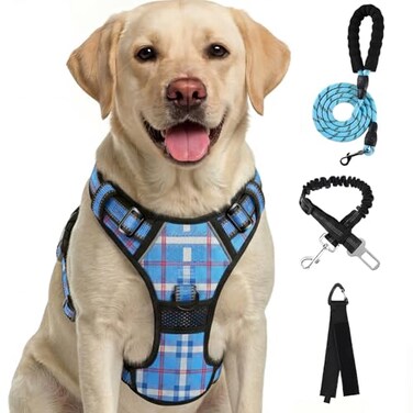 FURRYFECTION Plaid Dog Harness for Small Dogs Reflective No Pull Adjustable Pet Vest with Front Clip Leash Easy Control Handle and Seat Belt BlueWhite S