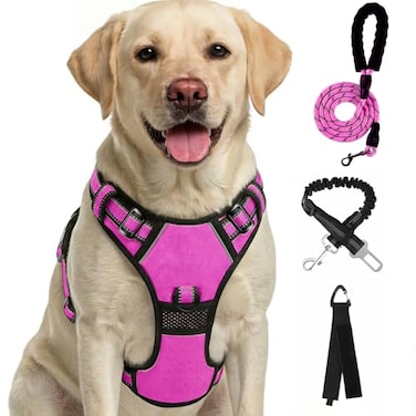 FURRYFECTION Plaid Dog Harness for Small Dogs Reflective No Pull Adjustable Pet Vest with Front Clip Leash Easy Control Handle and Seat Belt Rose S