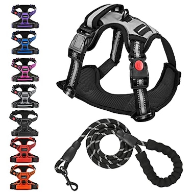 Juqiboom No Pull Dog Harness with A Free Heavy Duty 5ft Dog Leash Adjustable Soft Padded Dog Vest Reflective NoChoke Pet Oxford Vest with Easy Control Handle and Dog Leash for Dogs Grey Large