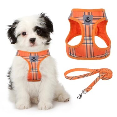 KOOLTAIL Thanksgiving Dog Harness for Small Medium DogsDog Harness and Leash Set Step in No Pull Soft Mesh Padded Adjustable and Reflective Pet Vest Puppy Extra Harness for XS S Dogs Orange Plaid M
