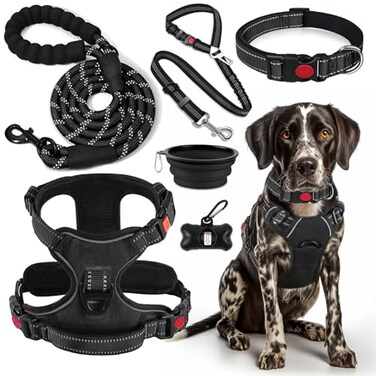 Lobeve LOBEVE No Pull Dog Harness Collar Leash Set Includes Dog Seat Belt Collapsible Bowls Poop Bag Dispenser Ideal for Training Walking Hiking Fits Small to Large DogsBlackL
