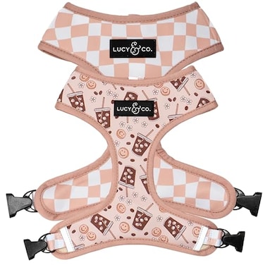 Lucy & Lucy Co Reversible Dog Harness WaterRepellent Neoprene DualPrint Design Easy Swap Style Adjustable Comfort Fit Iced Coffee SZN Reversible Harness Large