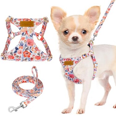 Lukovee No Pull Puppy Harness and Leash Set Adjustable Lightweight Soft Suede Pet Harness Vest with Snap Buckle 51in Leash for Small Medium Dogs FlowerXXS