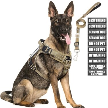 MOOGROU Tactical Dog Harness and Leash Set for Large DogsHeavy Duty No Pull Service Dog Vest and 10 Patches with Dog Seat BeltReflective Adjustable Pet Harness for Training Walking Hiking Camo L
