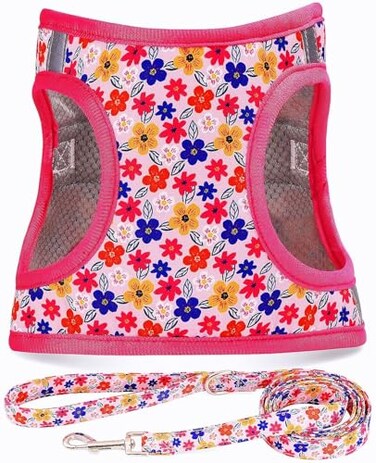 MOONPET Moonpet Step in Dog Harness Leash Set All Weather Reflective NoPull Floral Pattern Padded Mesh Vest Harness for Cats Puppy ExtraSmall Small Medium Large Dogs Romantic Sakura S