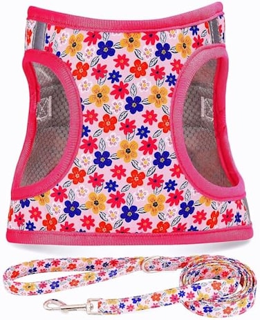 MOONPET Moonpet Step in Dog Harness Leash Set All Weather Reflective NoPull Floral Pattern Padded Mesh Vest Harness for Cats Puppy ExtraSmall Small Medium Large Dogs Romantic Sakura XXS
