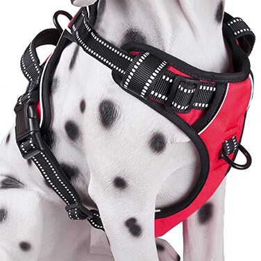 PoyPet No Pull Dog Harness Reflective Comfortable Vest Harness with Front Back 2 Leash Attachments and Easy Control Handle Adjustable Soft Padded Pet Vest for Small to Large Dogs RedM