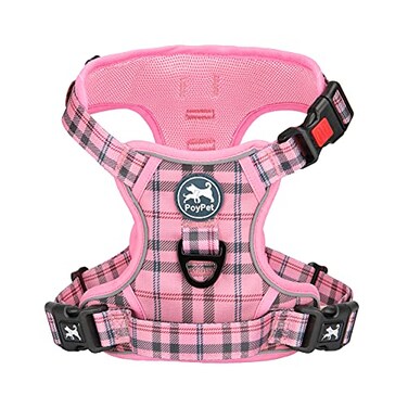 PoyPet No Pull Dog Harness Release at Neck Reflective Adjustable No Choke Pet Vest with Front Back 2 Leash Attachments Soft Control Training Handle for Small DogsCheckered PinkXS