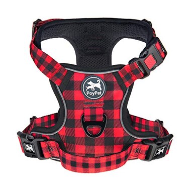 PoyPet No Pull Dog Harness Release at Neck Reflective Adjustable No Choke Pet Vest with Front Back 2 Leash Attachments Soft Control Training Handle PlaidCheckered Red S
