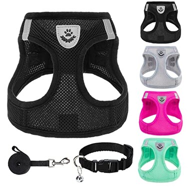 PUPTECK Adjustable Dog Harness Collar and Leash Set Step in No Pull Pet Harness for Small Medium Dogs Puppy and Cats Outdoor Walking Running Soft Mesh Padded Reflective Vest Harnesses Solid Black XS