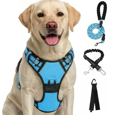 FURRYFECTION Plaid Dog Harness for Large Dogs Reflective No Pull Adjustable Pet Vest with Front Clip Leash Easy Control Handle and Seat Belt Blue XL