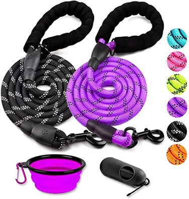 COOYOO 2 Pack Dog Leash 5 FT Heavy Duty Comfortable Padded Handle Reflective Dog Leash for Medium Large Dogs with Collapsible Pet Bowl