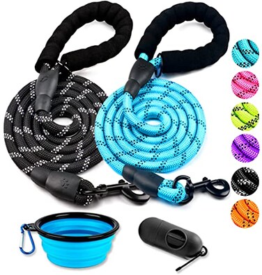 COOYOO 2 Pack Dog Leash 5 FT Heavy Duty Comfortable Padded Handle Reflective Dog Leash for Medium Large Dogs with Collapsible Pet Bowl
