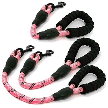 Cymiler Nylon Short Traffic Leash with Padded Handle 3 Sizes Dog Training Leash with Highly Reflective Threads for Small Medium Large Dogs RopePink