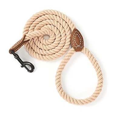 Mile High Life Dog Leash Braided Cotton Rope Leashes with Leather Tip Heavy Duty Metal Clasp 6FT 12 Thick Wedding Walking Training Leash for Small Medium Large Dogs Light Brown