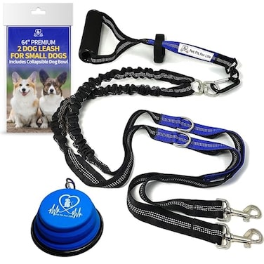 Pet Fit For Life 64 Lightweight Dual Dog Leash for Medium Dogs Premium No Twist Double Leash with Soft Foam Handle ShockAbsorbing Bungee Durable Design Added Collapsible Water Bowl