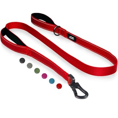 TwoEar 5FT 1IN Strong Red Dog Leash with 2 Padded Handles Traffic Handle Extra Control Comfortable Soft Dual Handle Auto Lock Hook Reflective Walking Lead for Small Medium and Large Dogs