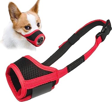 LUCKYPAW Dog Muzzle Anti Biting Barking and Chewing with Comfortable Mesh Soft Fabric and Adjustable Strap Suitable for Small Medium and Large DogsRed TrimL