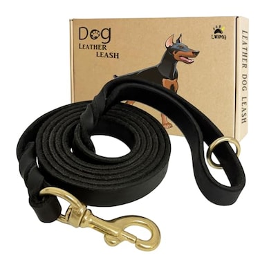 LWBMG Black Leather Dog Leash 6ft x 58 Heavy Duty Dog Leash Strong Sturdy Genuine Leather Dog Leash Soft Braided Leather Leash for Large Medium and Small Dogs Training