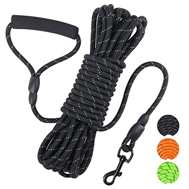 Vivifying Long Dog Leash 32ft Reflective Dog Training Leash for Outside and Yard Floating Long Line Lead with Soft Handle for Camping Hiking Swimming and Beach Black