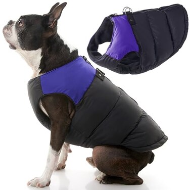 Gooby Padded Vest Dog Jacket Purple Medium Warm Zip Up Vest Fleece Jacket with Dual D Ring Leash Water Resistant for Small to Medium Dogs