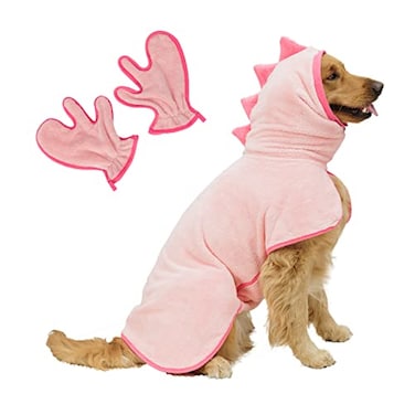Pawyee Super Soft FastDrying Dog Towel Set for Cold Weather Beach Pool Adjustable Microfiber Bath Robe with Drying Gloves for Cats and Dogs XLarge Pink Dino