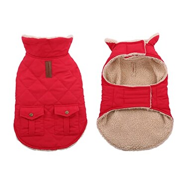 Queenmore Warm Dog Coat Cold Weather Puffer Dog Jacket Ultra Thick Plush Lining with Storage Pockets Red Small