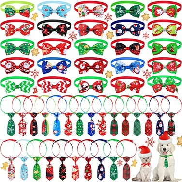 Saintrygo 50 Piece Christmas Pet Bow Tie Collar Set Includes 25 Neckties and 25 Bow Ties Adjustable for Dogs Cats Stylish Patterns